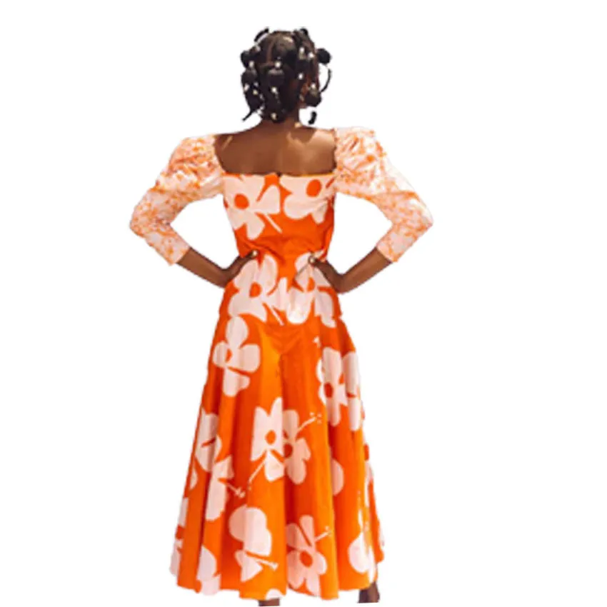 AGA CULTURE Nkem Orange Crackle Marble Slit Maxi Dress