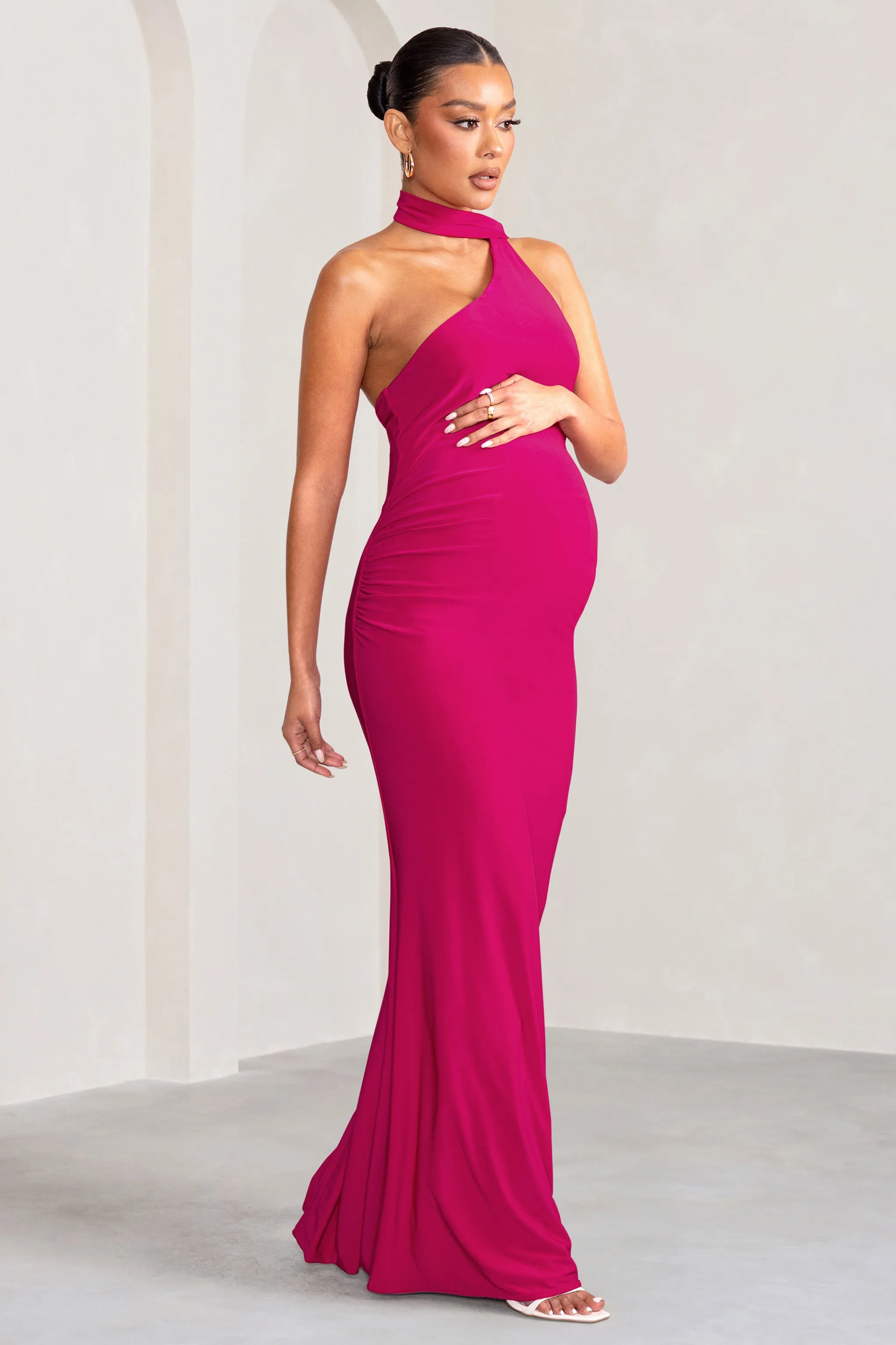 Alula | Hot Pink Maternity Asymmetric Maxi Dress with Cape Detailing