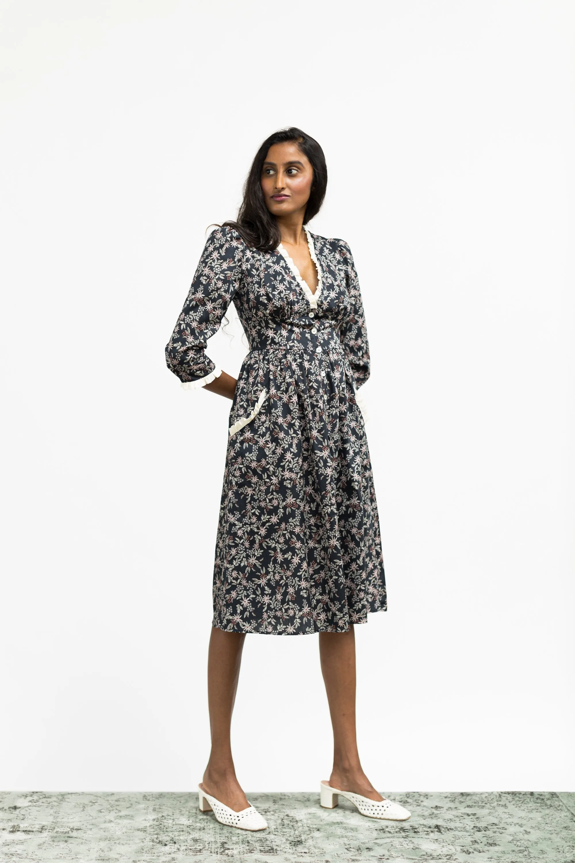 Antonia Dress / Black Floral Cotton