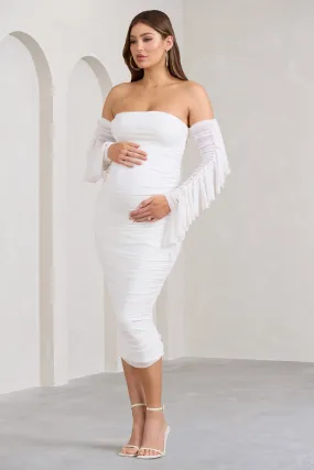 Aroma | White Ruched Mesh Maternity Midi Dress With Ruffled Sleeves