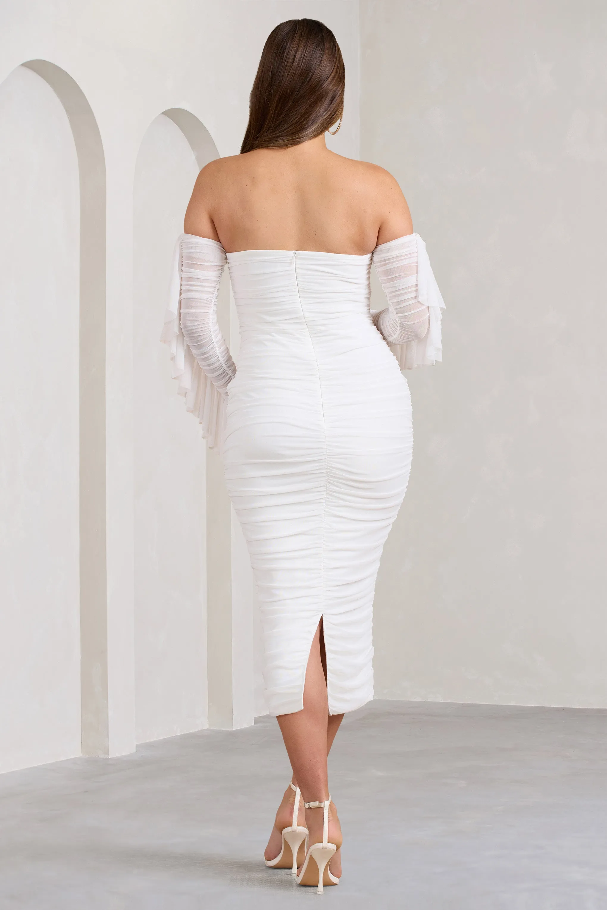 Aroma | White Ruched Mesh Maternity Midi Dress With Ruffled Sleeves