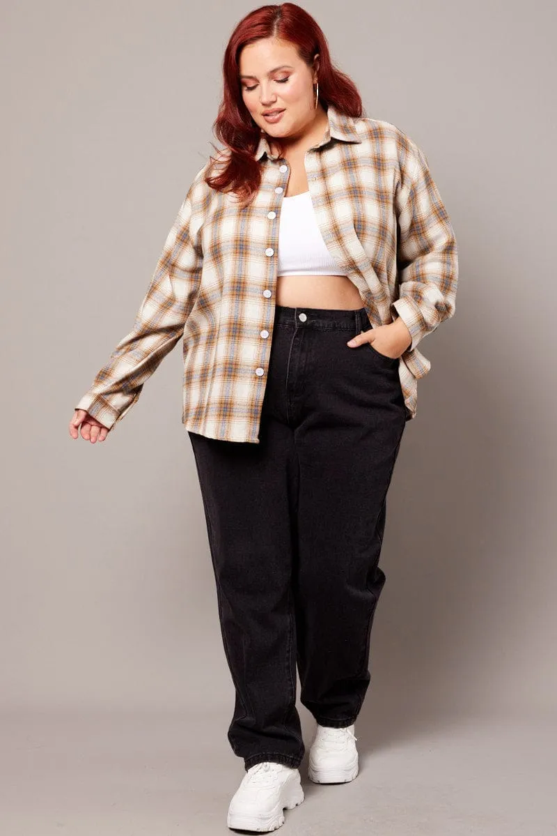 Beige Check Relaxed Shirt Long Sleeve