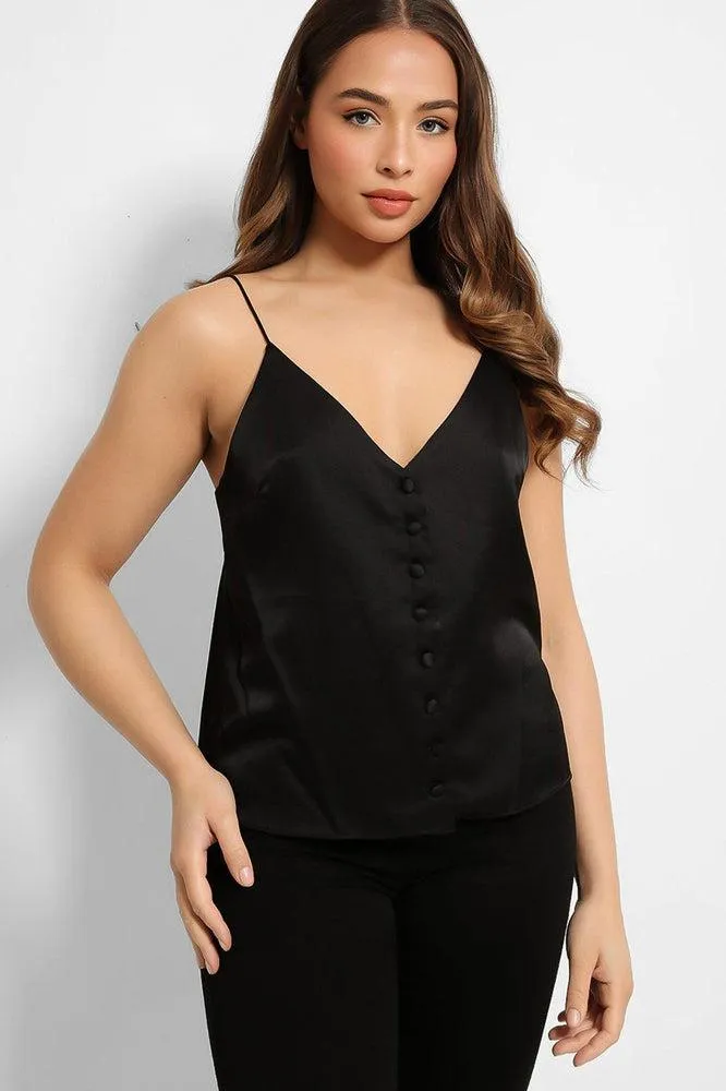 Black Button Details V-Neck Satin Cami Top