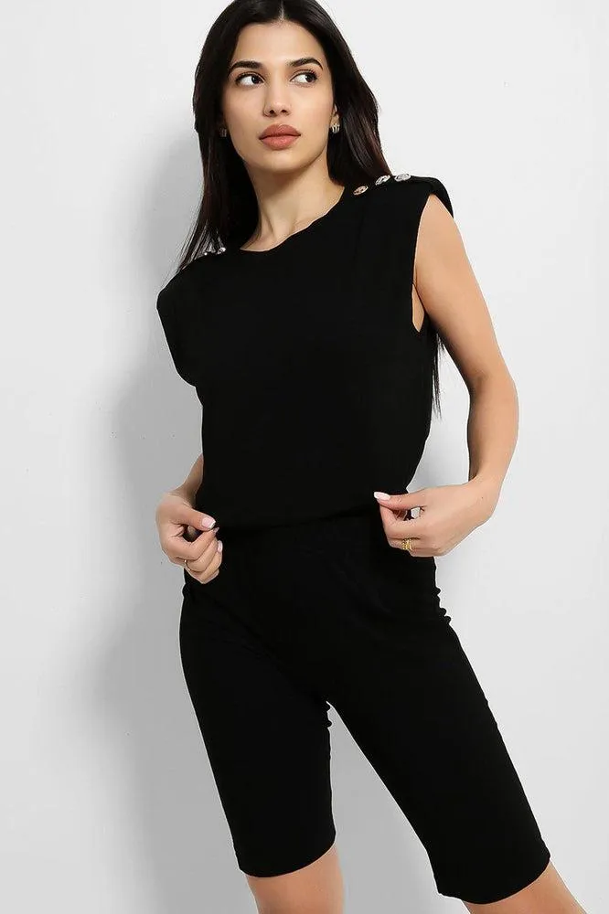 Black Buttoned Power Shoulder Top And Cycling Shorts Set