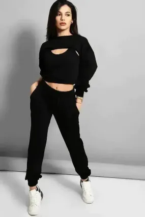 Black Cropped Top 3 Piece Tracksuit