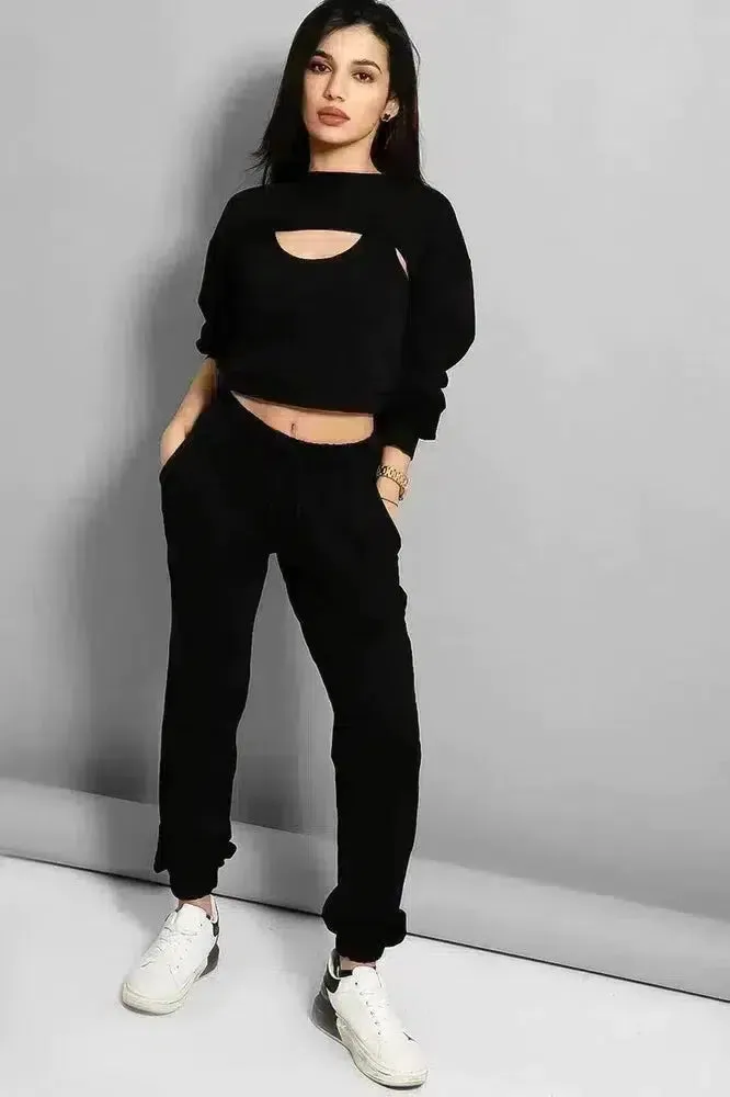 Black Cropped Top 3 Piece Tracksuit