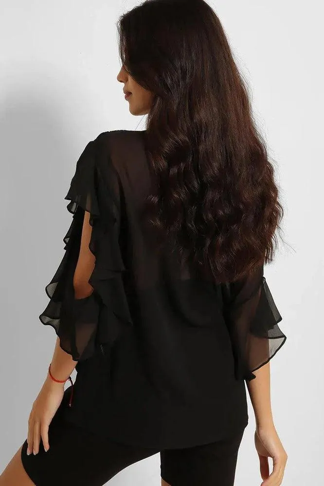 Black Sheer Chiffon Asymmetric Sleeves Blouse