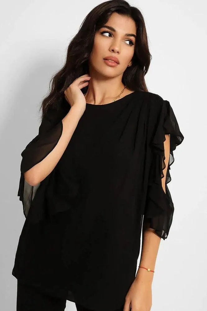 Black Sheer Chiffon Asymmetric Sleeves Blouse