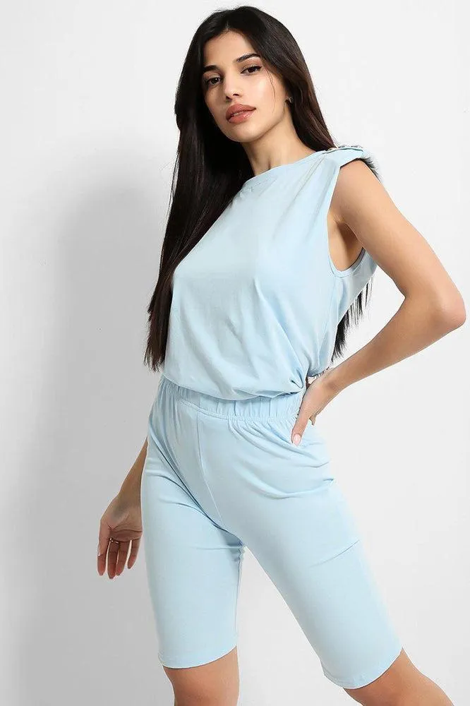 Blue Buttoned Power Shoulder Top And Cycling Shorts Set