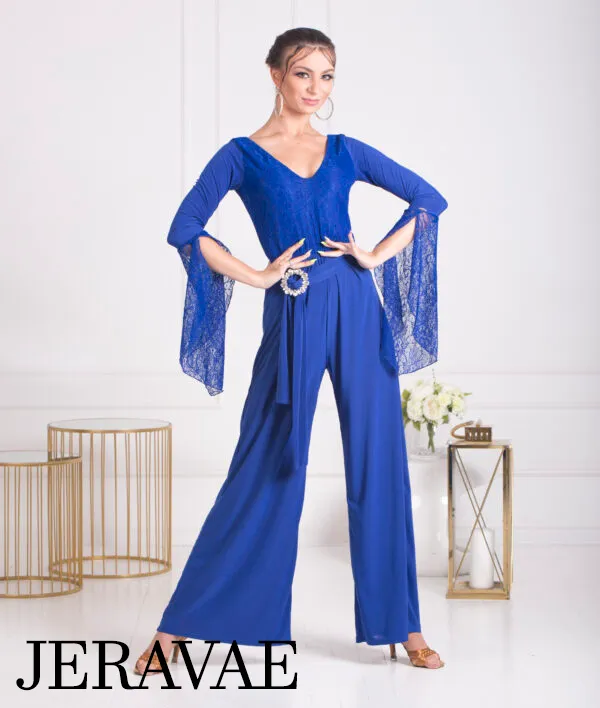 Body Positive Senga Dancewear BLUET Jumpsuit with Wide Legs, Lace Sleeves, and Belt with Elegant Buckle Sizes XL-4XL PRA 1069 in Stock