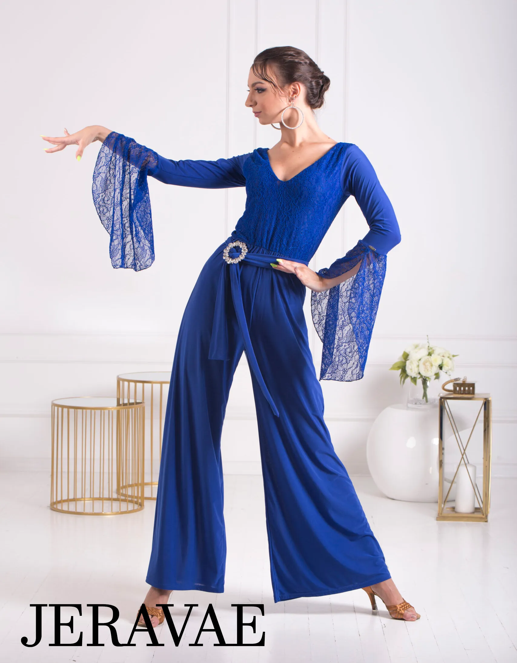 Body Positive Senga Dancewear BLUET Jumpsuit with Wide Legs, Lace Sleeves, and Belt with Elegant Buckle Sizes XL-4XL PRA 1069 in Stock