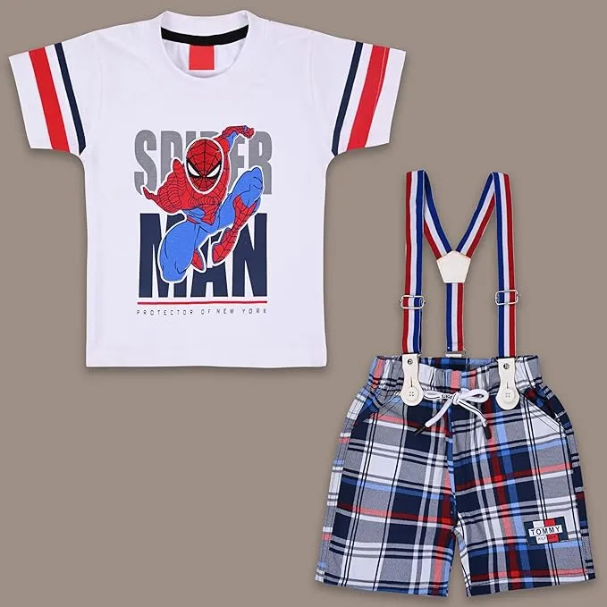 Boys Spiderman Printed Cotton Dungaree Set