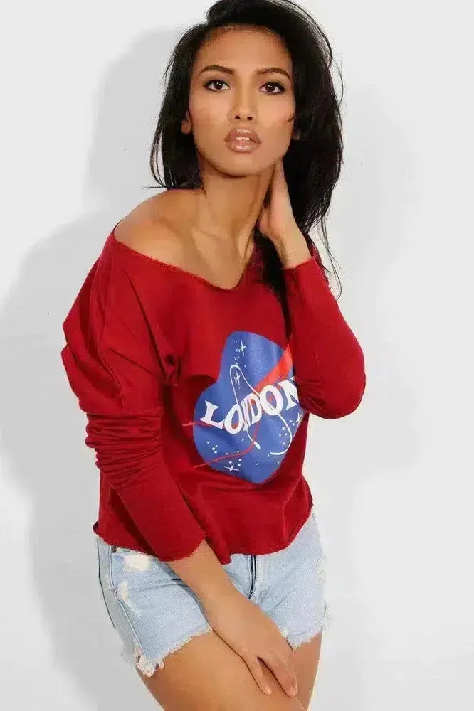 Burgundy London Galaxy Print Cropped Sweatshirt