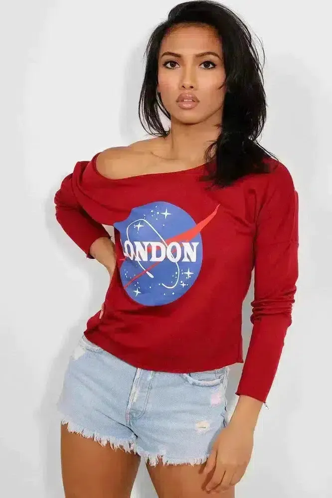 Burgundy London Galaxy Print Cropped Sweatshirt