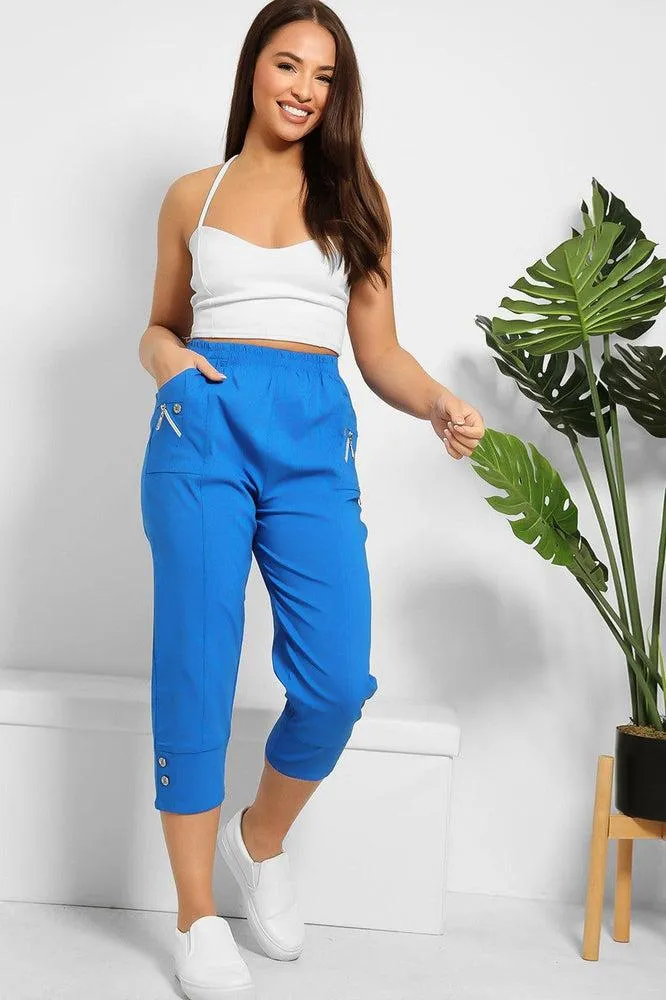 Buttoned Cuffs Elastic Waist Cropped Cargo Trousers