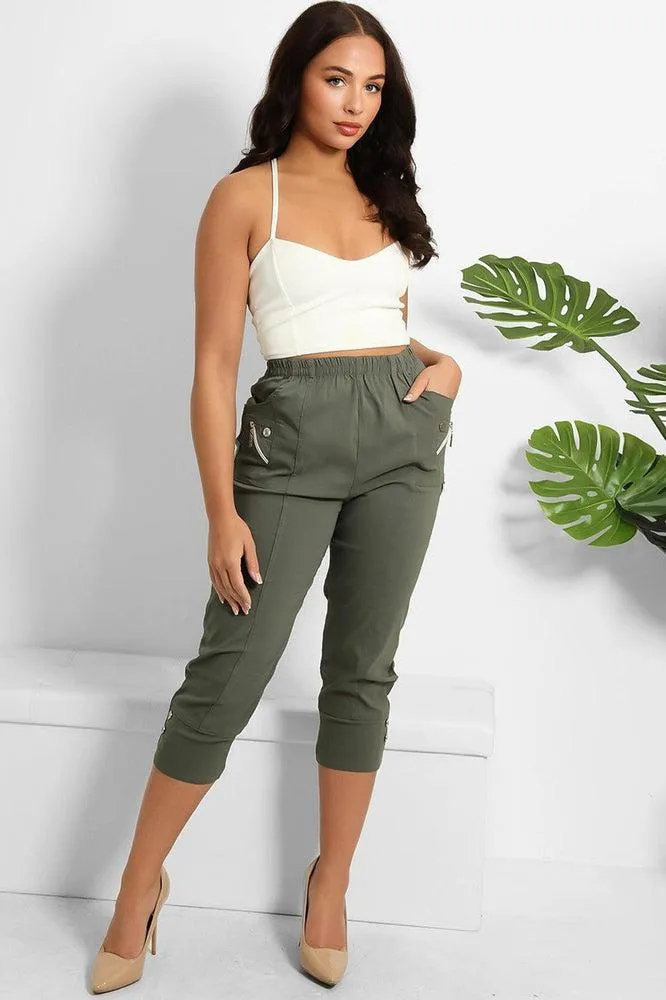 Buttoned Cuffs Elastic Waist Cropped Cargo Trousers