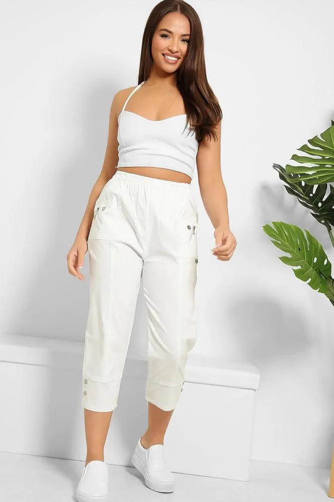 Buttoned Cuffs Elastic Waist Cropped Cargo Trousers