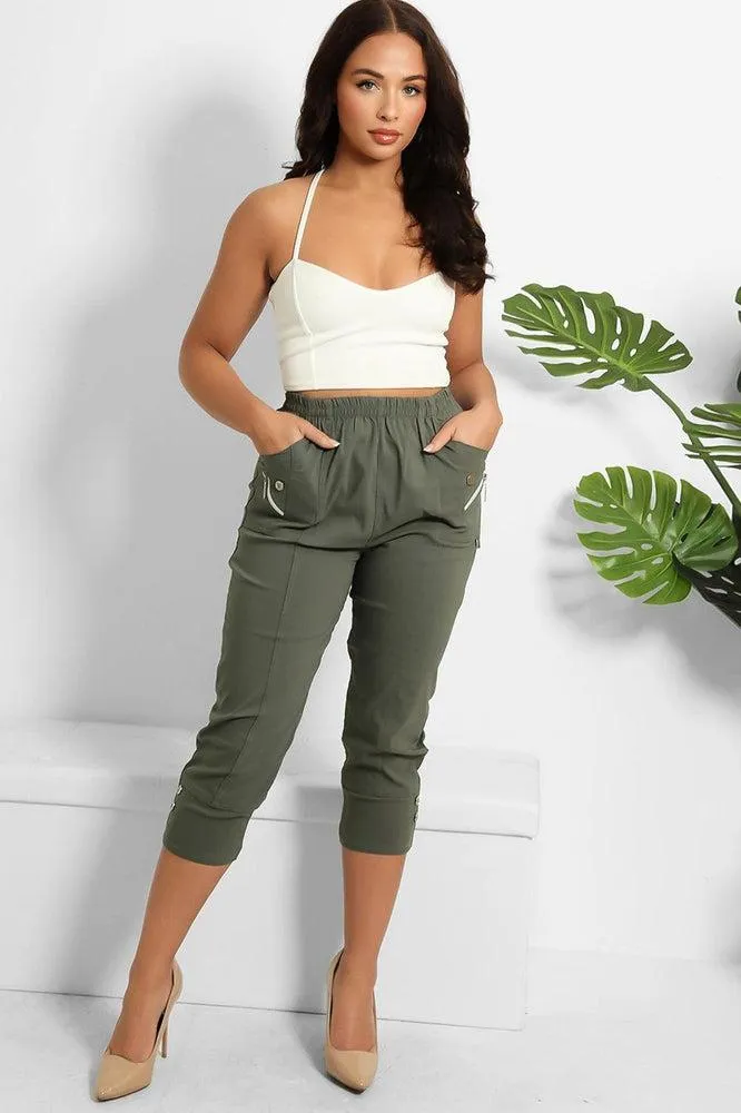 Buttoned Cuffs Elastic Waist Cropped Cargo Trousers