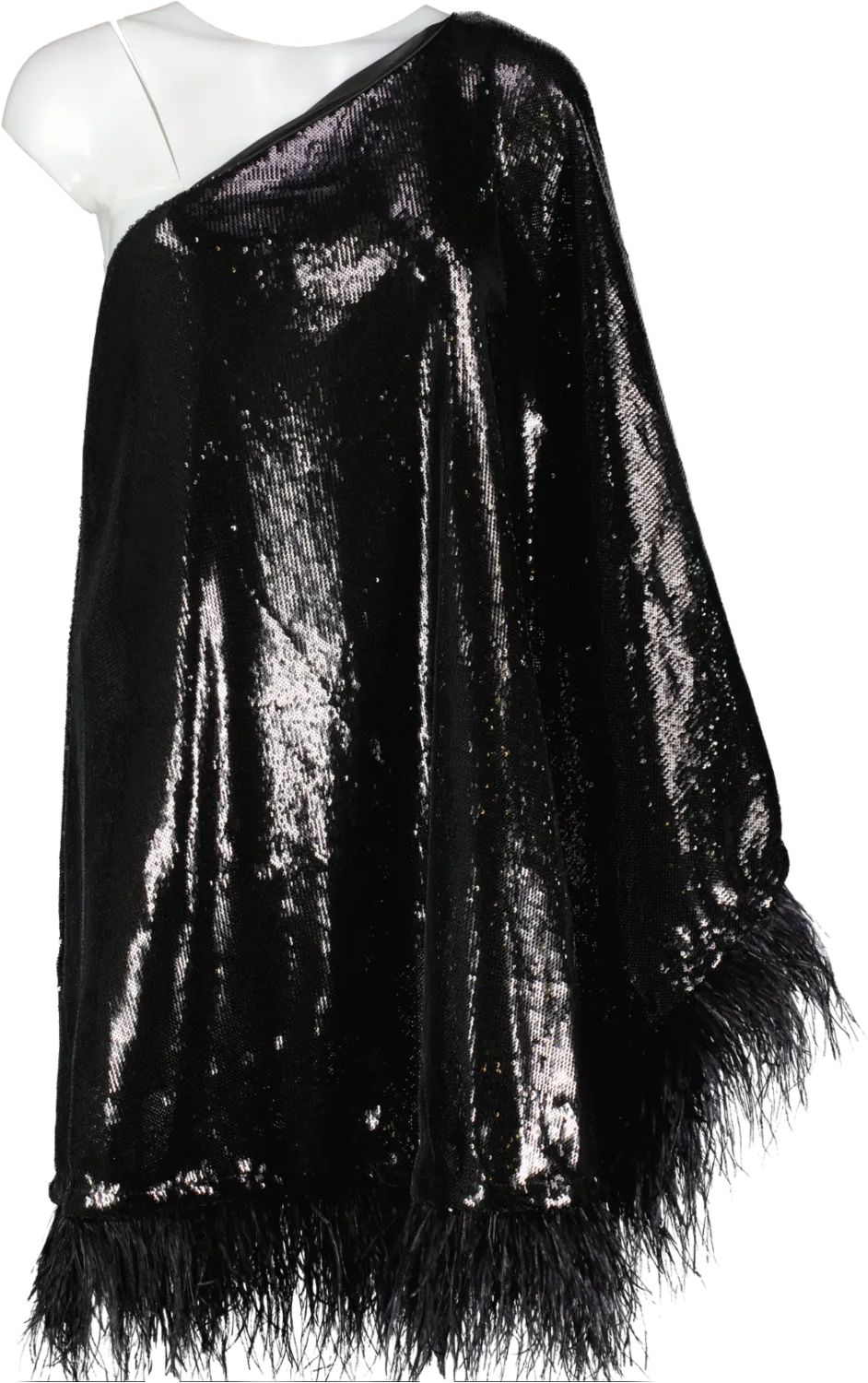 By Malina Black Andrea One Shoulder Sequin Feather Trimmed Mini Dress UK S