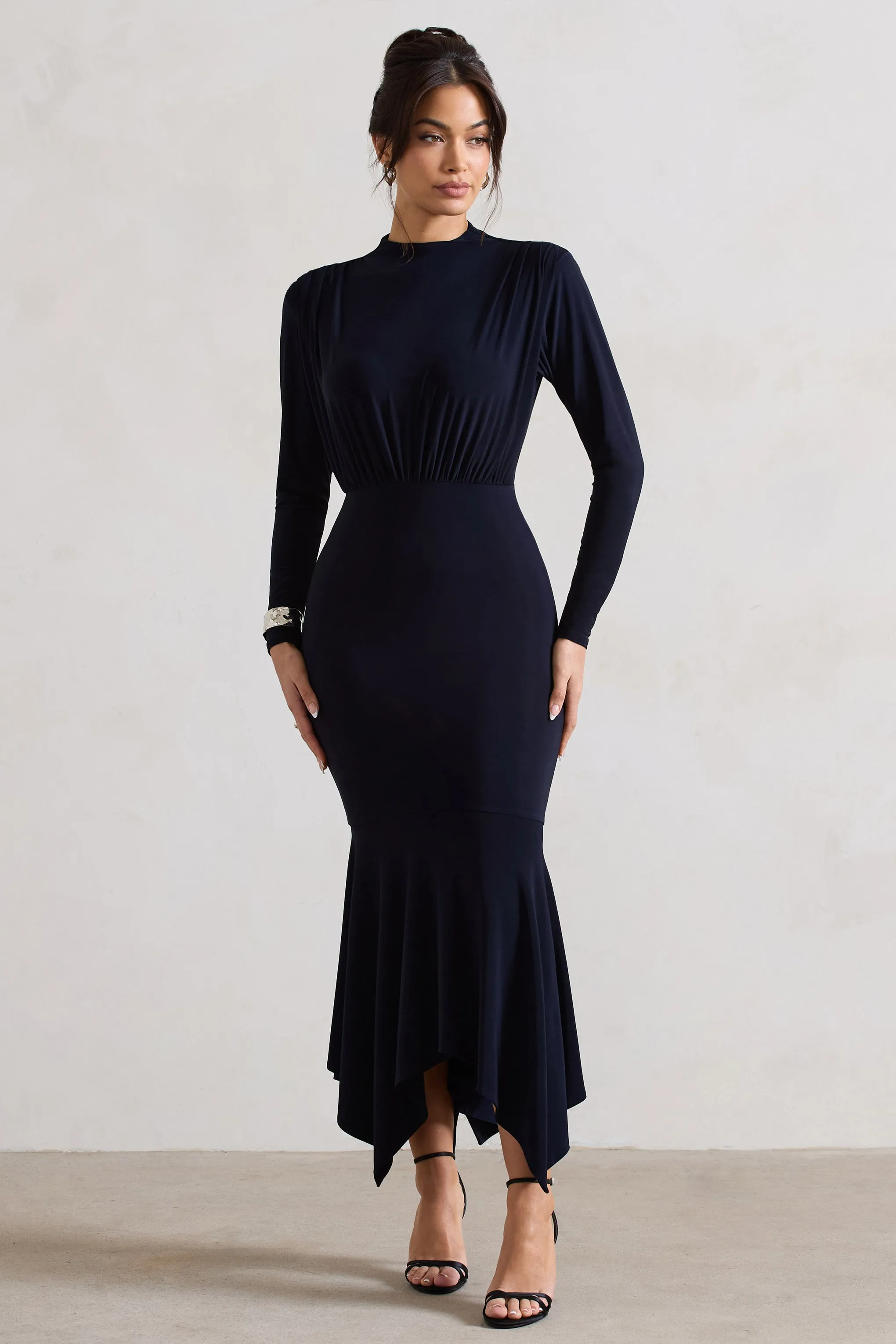 Carla | Navy High-Neck Midi Dress With Draped Hem