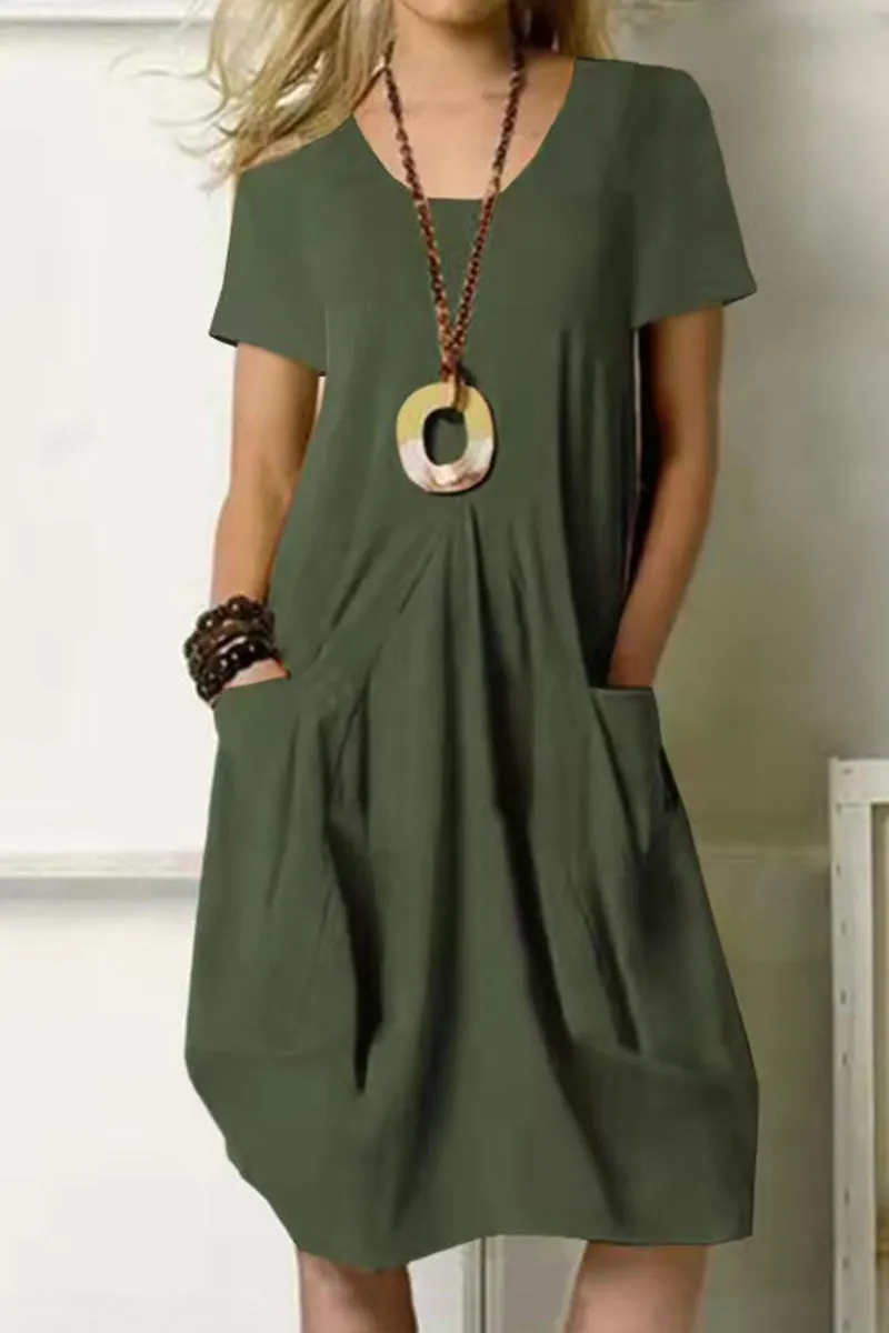 Casual Simplicity Solid Pocket O Neck Short Sleeve Dress(4 Colors)