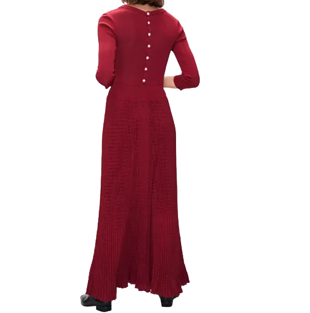 Claudie Pierlot Cherry Red Long Knit Dress With Pearl Button Back Detail BNWT UK 8