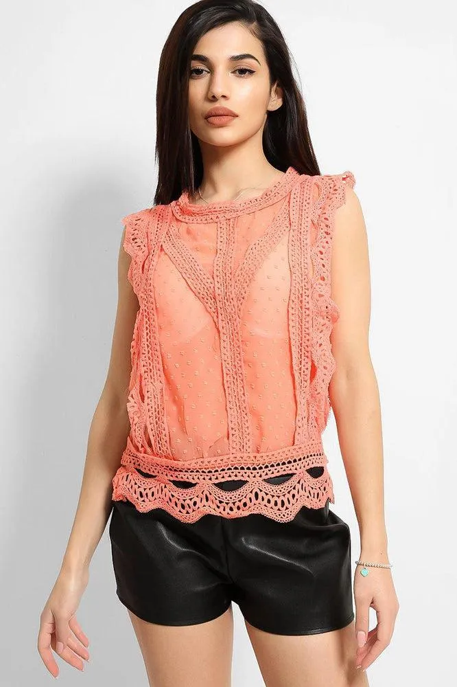 Coral Dobby Mesh Crochet Lace Trims Blouse