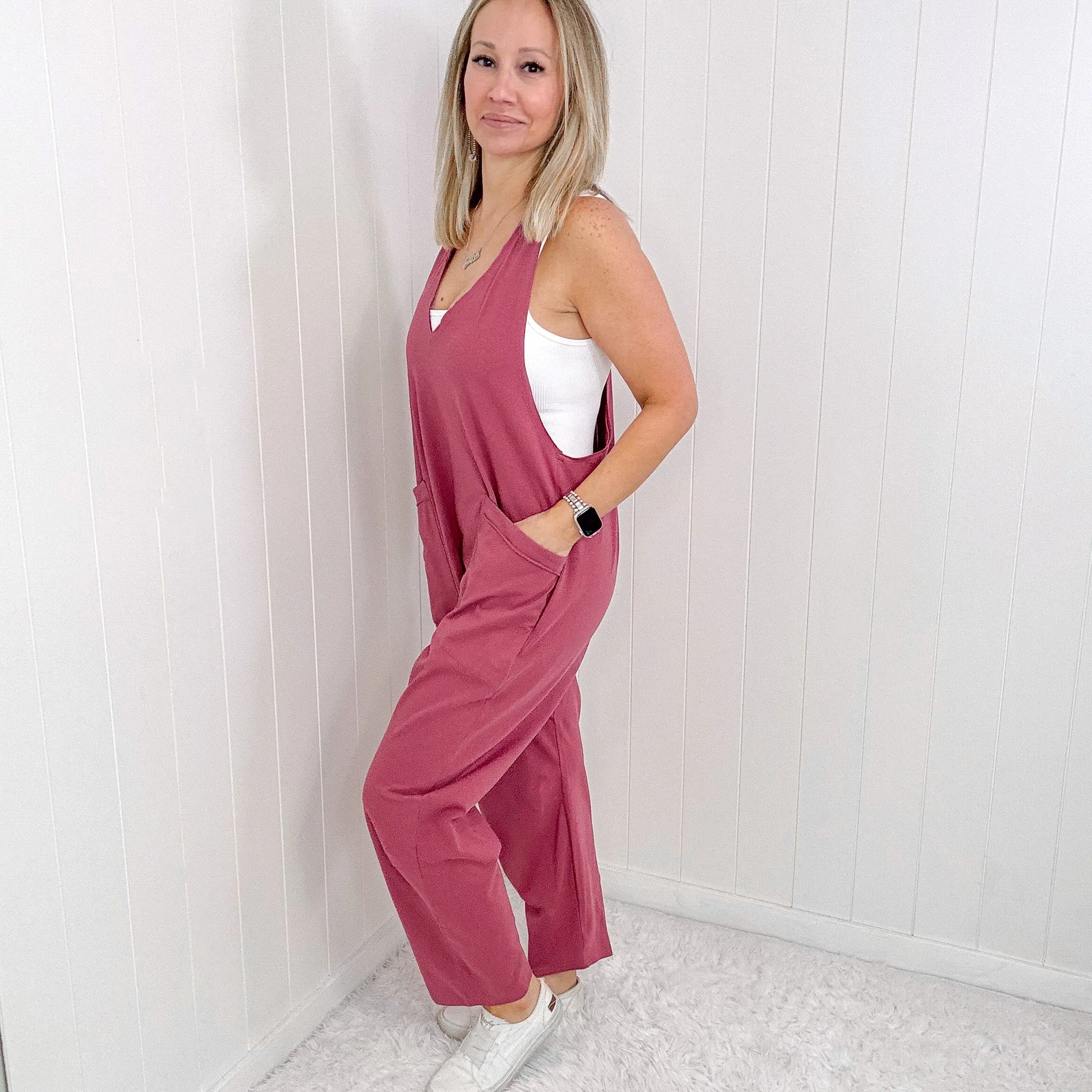 Dark Rose Plunge Sleeveless Jumpsuit with Pockets