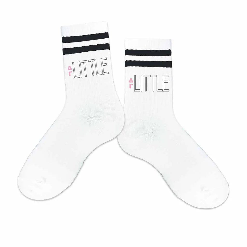 Delta Gamma Sorority Socks for your Big and Little with Greek Letters on Striped Cotton Crew Socks