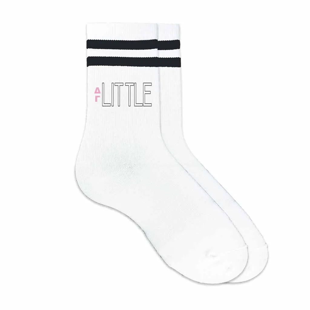 Delta Gamma Sorority Socks for your Big and Little with Greek Letters on Striped Cotton Crew Socks