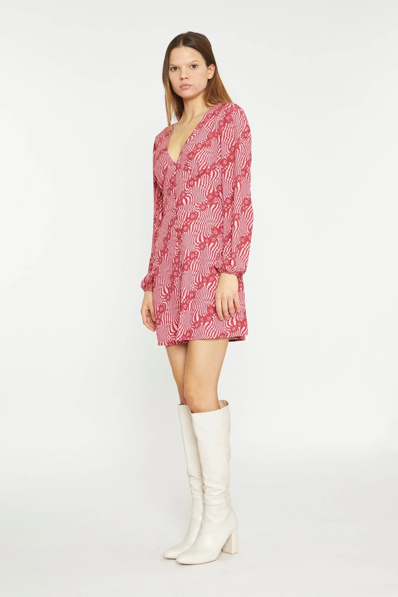 Digital-Wave Flower Long-Sleeve Mini-Dress