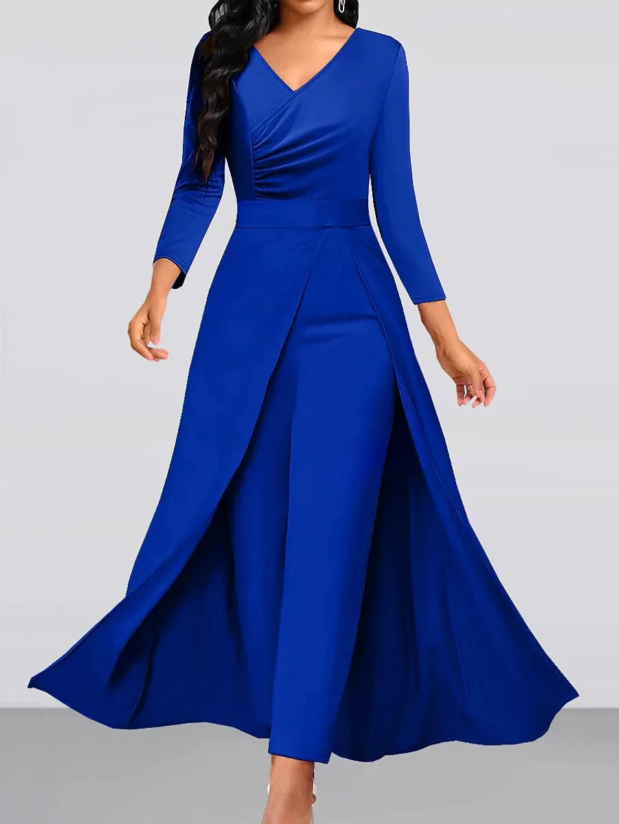 Elegant Royal Blue Womens Jumpsuit with V-Neck and Wide Leg