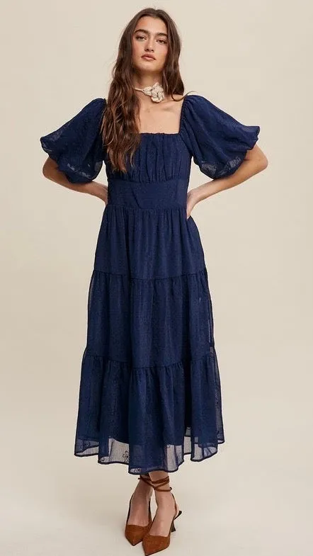 Eloise Puff Sleeve Embroidered Tulle Midi Dress Midnight