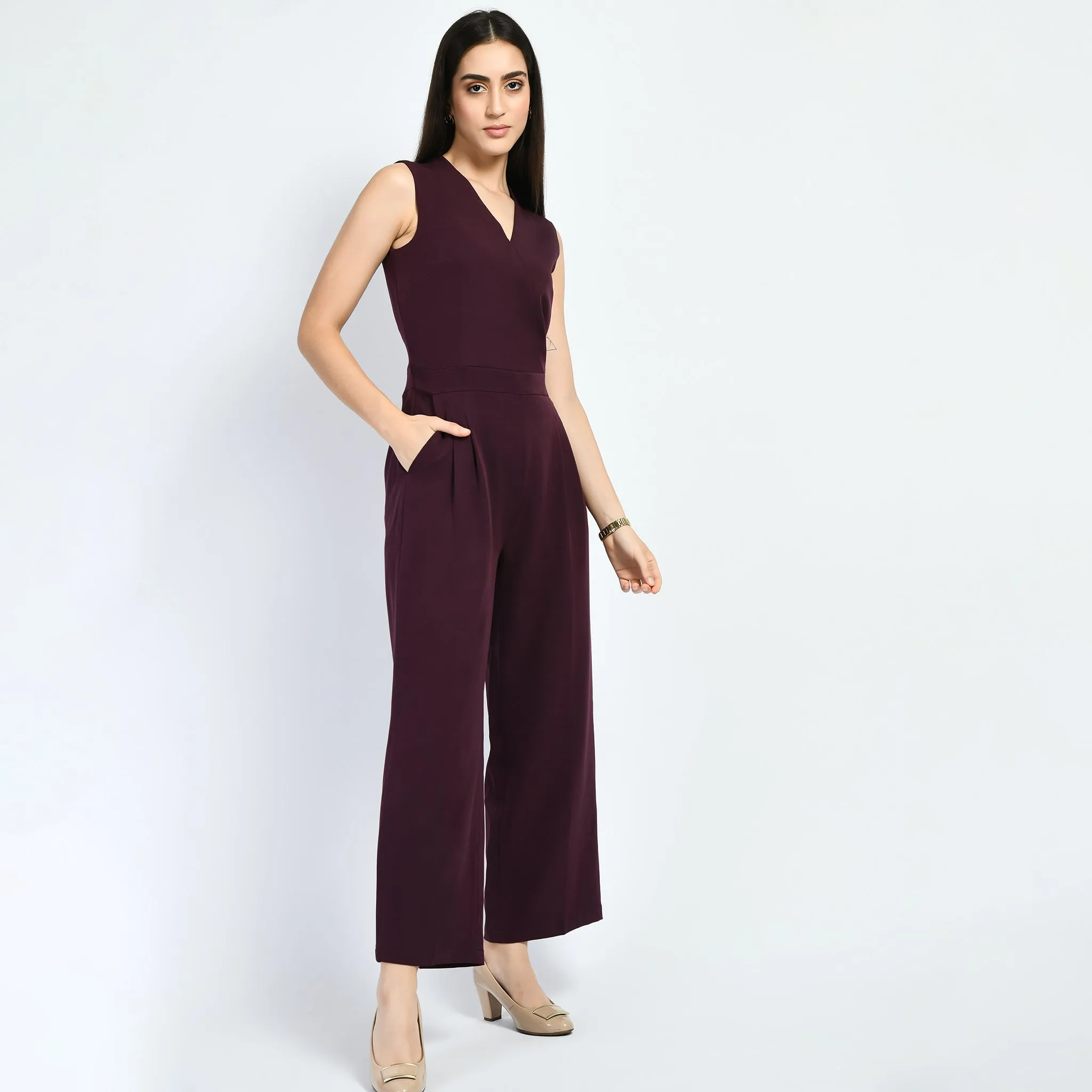 Exude Timelessness V-neck Wide-Leg Jumpsuit (Wine)