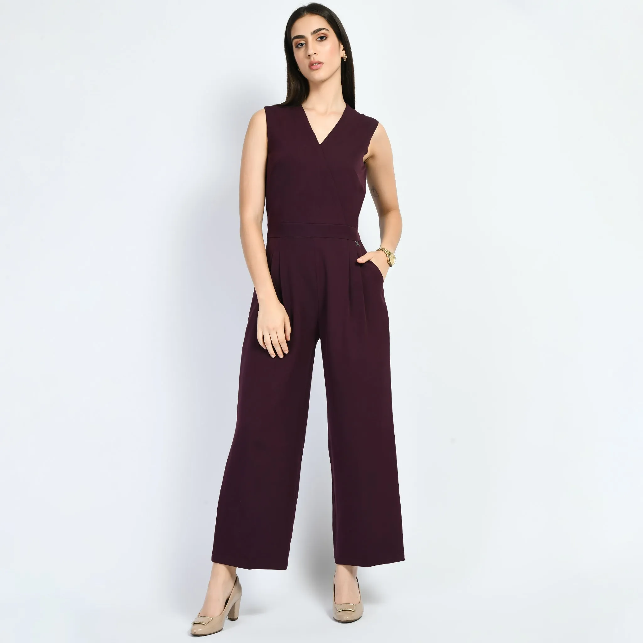 Exude Timelessness V-neck Wide-Leg Jumpsuit (Wine)