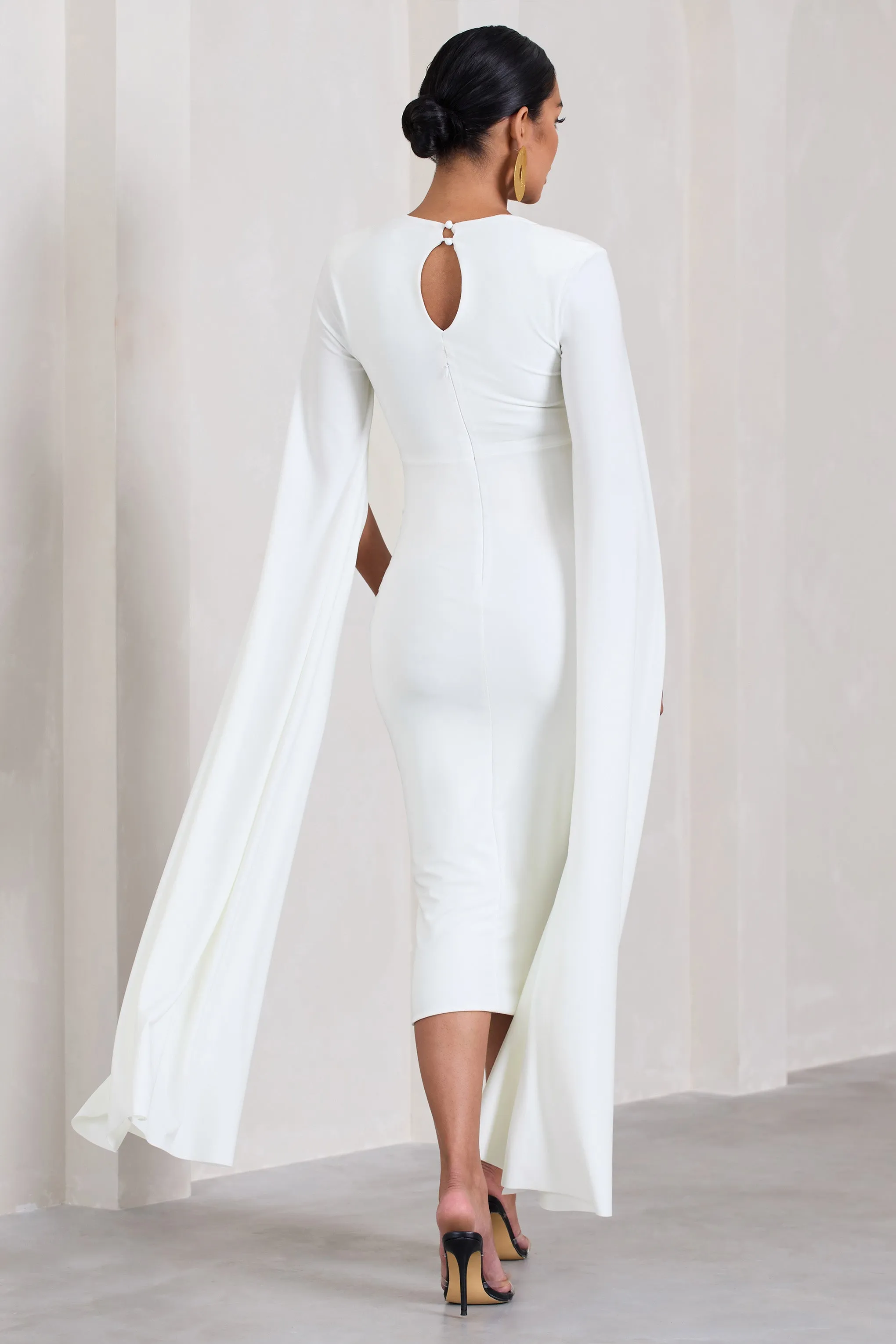 Flawless | White Maternity Square Neck Midi Dress With Cape Sleeves