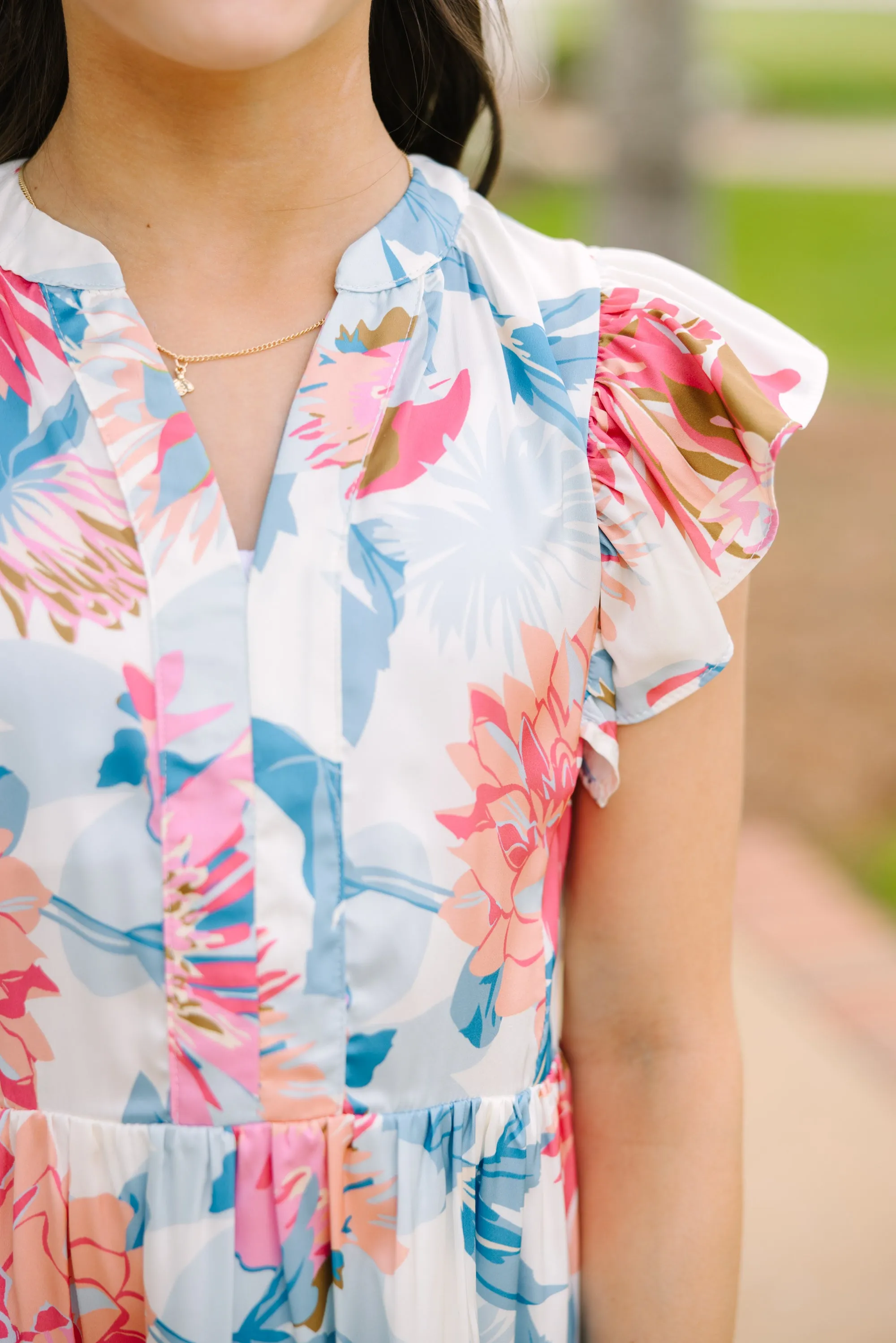 Girls: At This Time Blue Peach Combo Floral Babydoll Dress