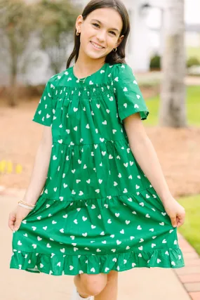 Girls: Lucky In Love Green Heart Print Dress