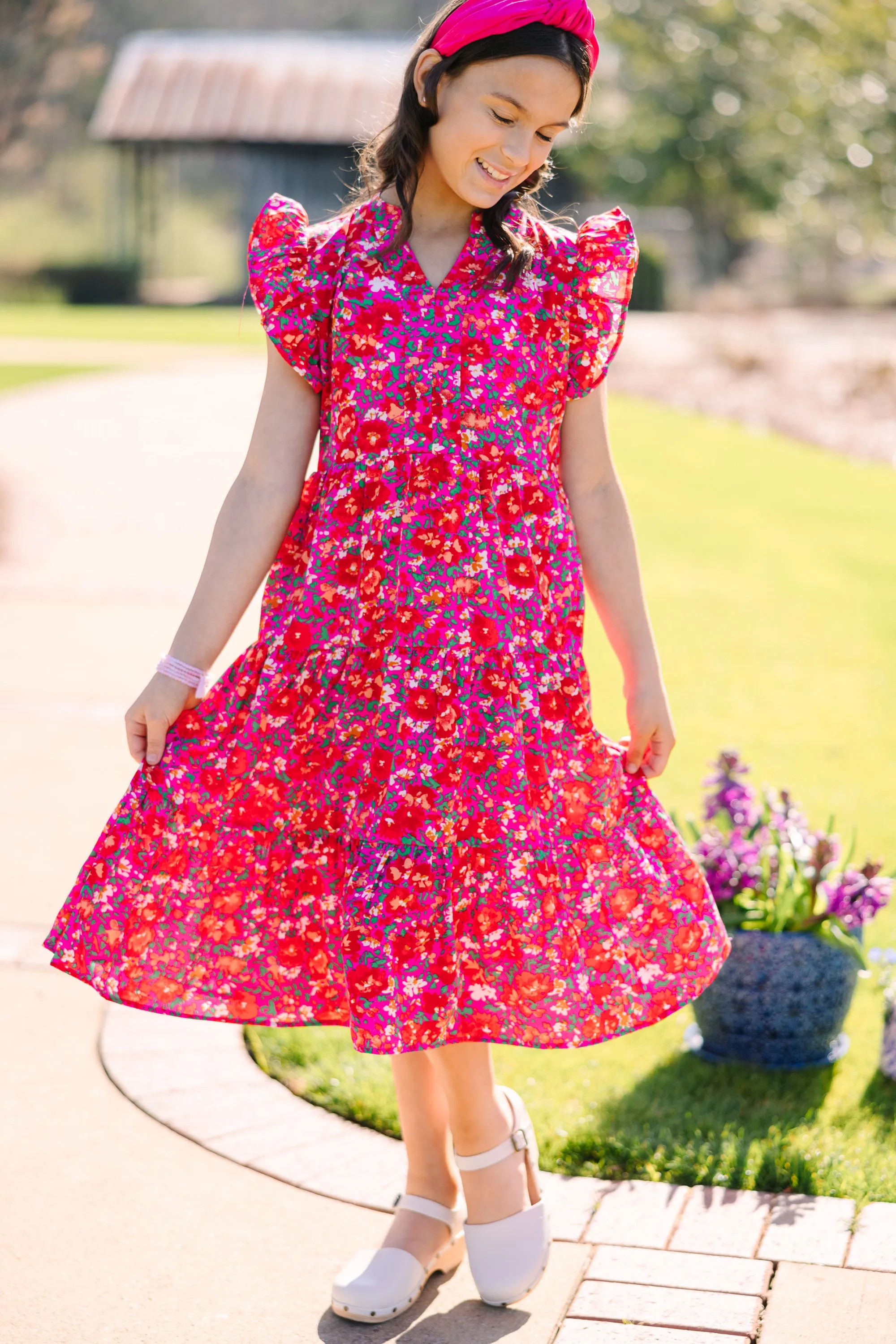 Girls: Make It Your Own Fuchsia Pink Floral Tiered Midi Dress