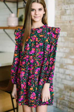 Girls: Make My Day Black Ditsy Floral L/S Babydoll Dress