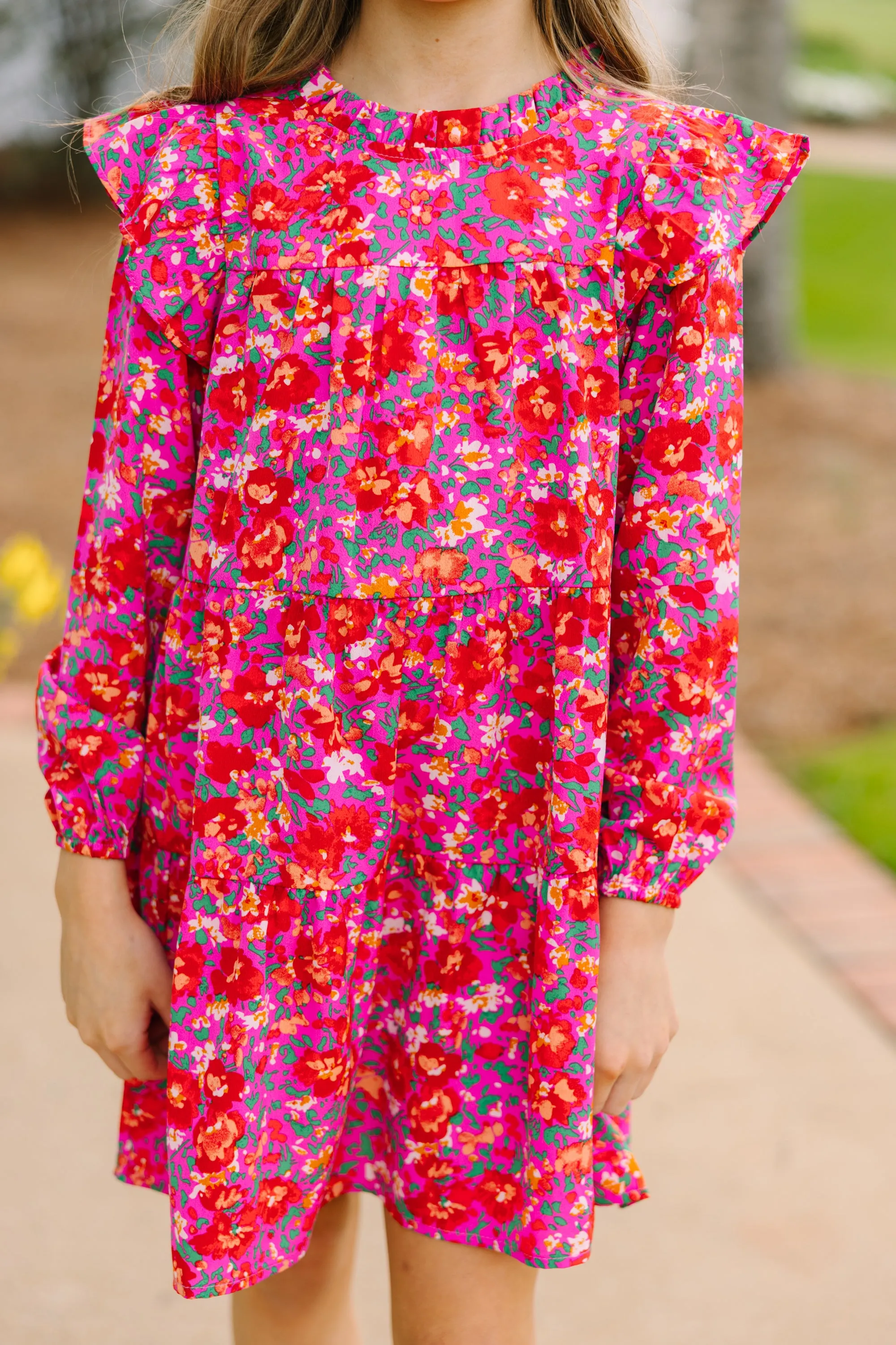 Girls: Make My Day Fuchsia Pink Ditsy Floral L/S Babydoll Dress