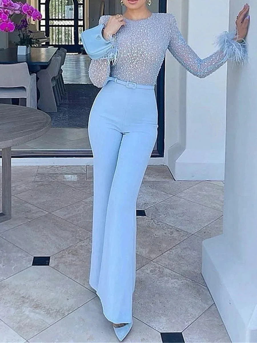 Glamorous High Waist Feather Jumpsuit for Women - White/Pink/Blue