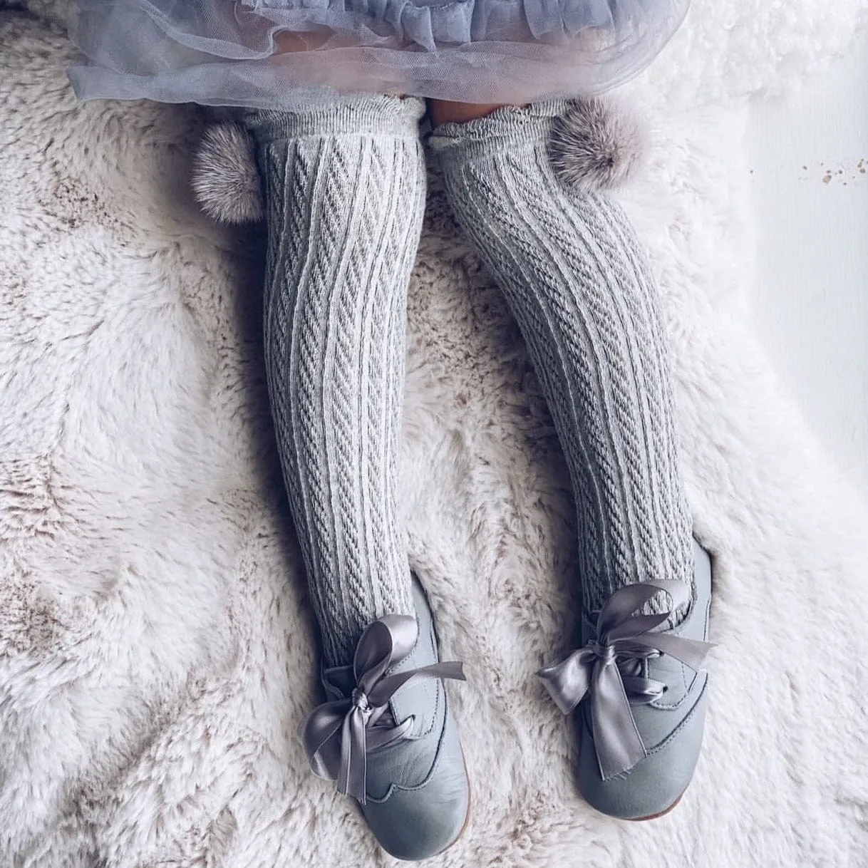 Grey Knee High Socks with Poms