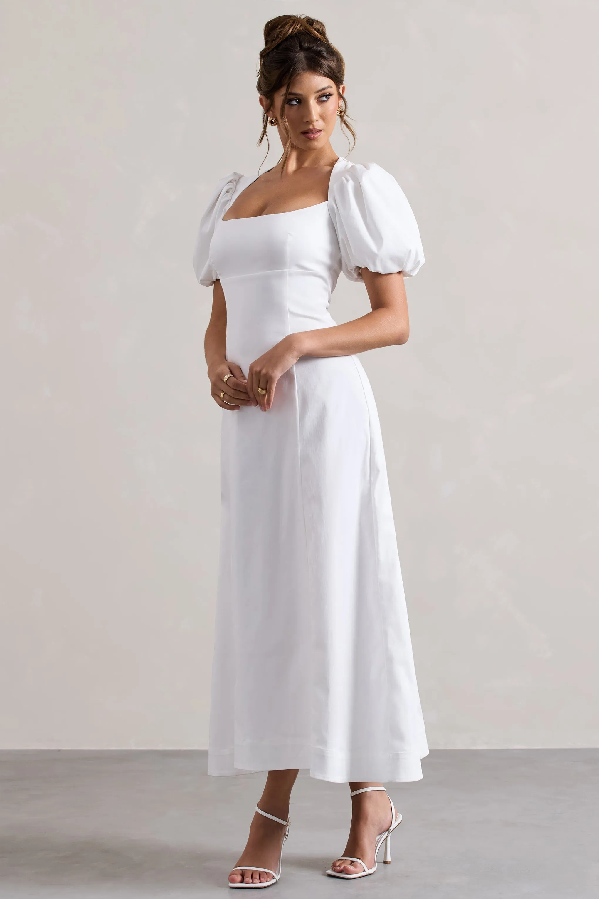 White Poplin Puff-Sleeve Maxi Dress from Hacienda - Perfect for elegant occasions