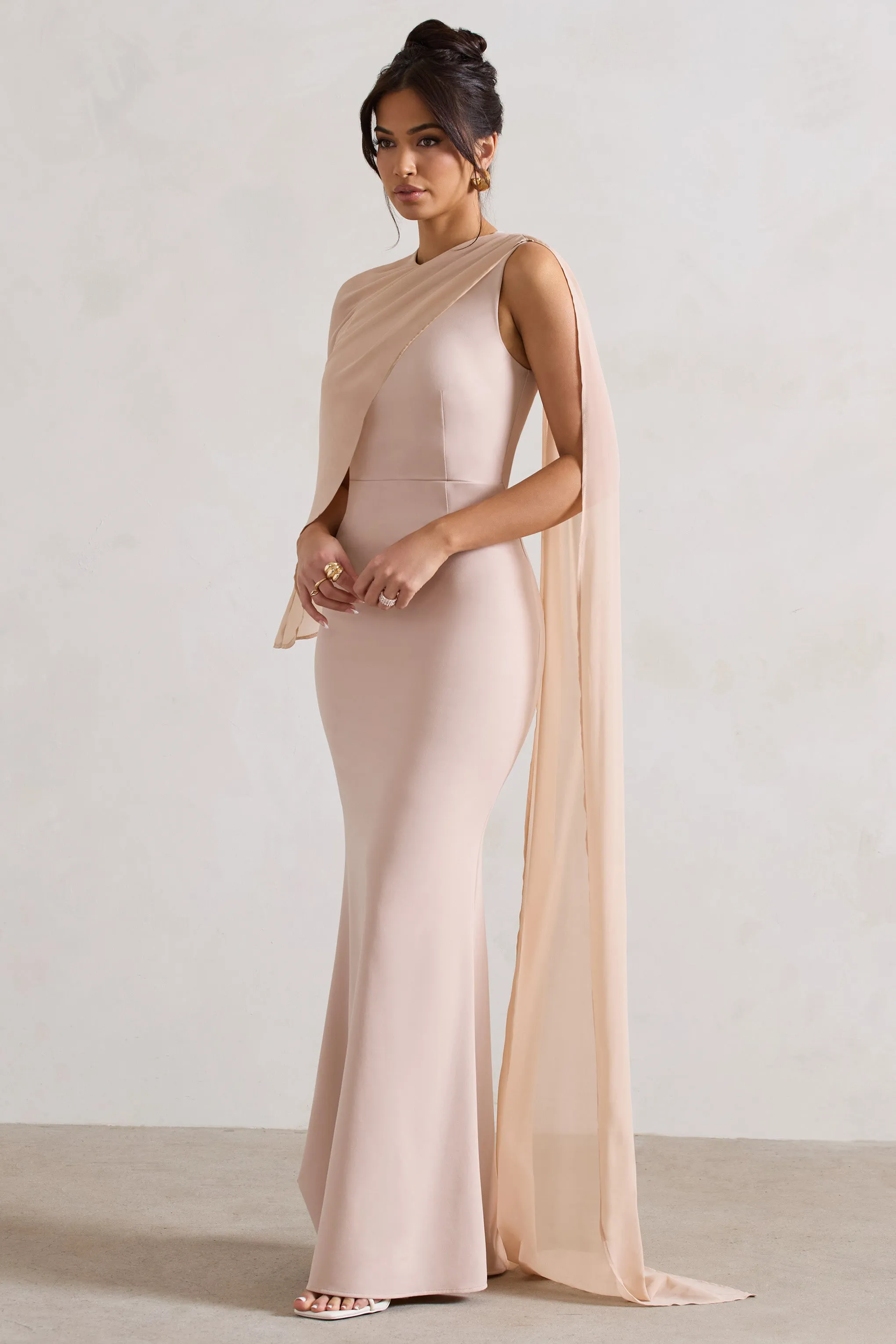 Haze | Champagne High-Neck Maxi Dress With Chiffon Cape