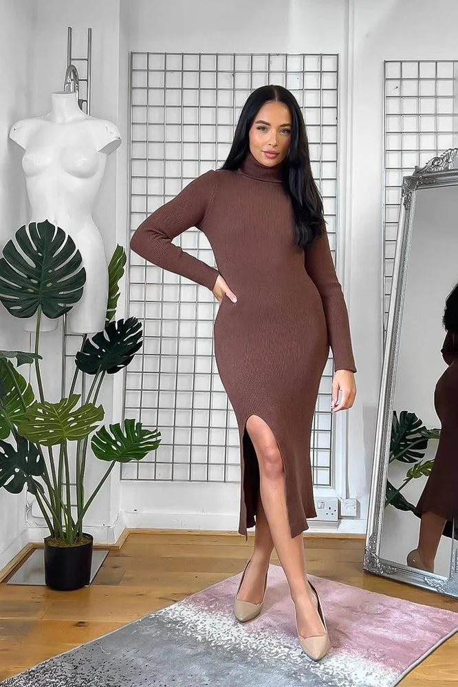 High Neck Leg Split Knitted Midi Dress