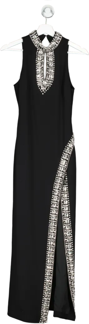 Karen Millen Black Crystal Embellished Woven Thigh Split Midi Dress UK 6