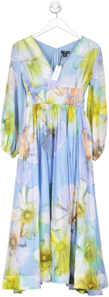 Karen Millen Blue Petite Photographic Floral Silk Cotton Maxi Dress UK 4