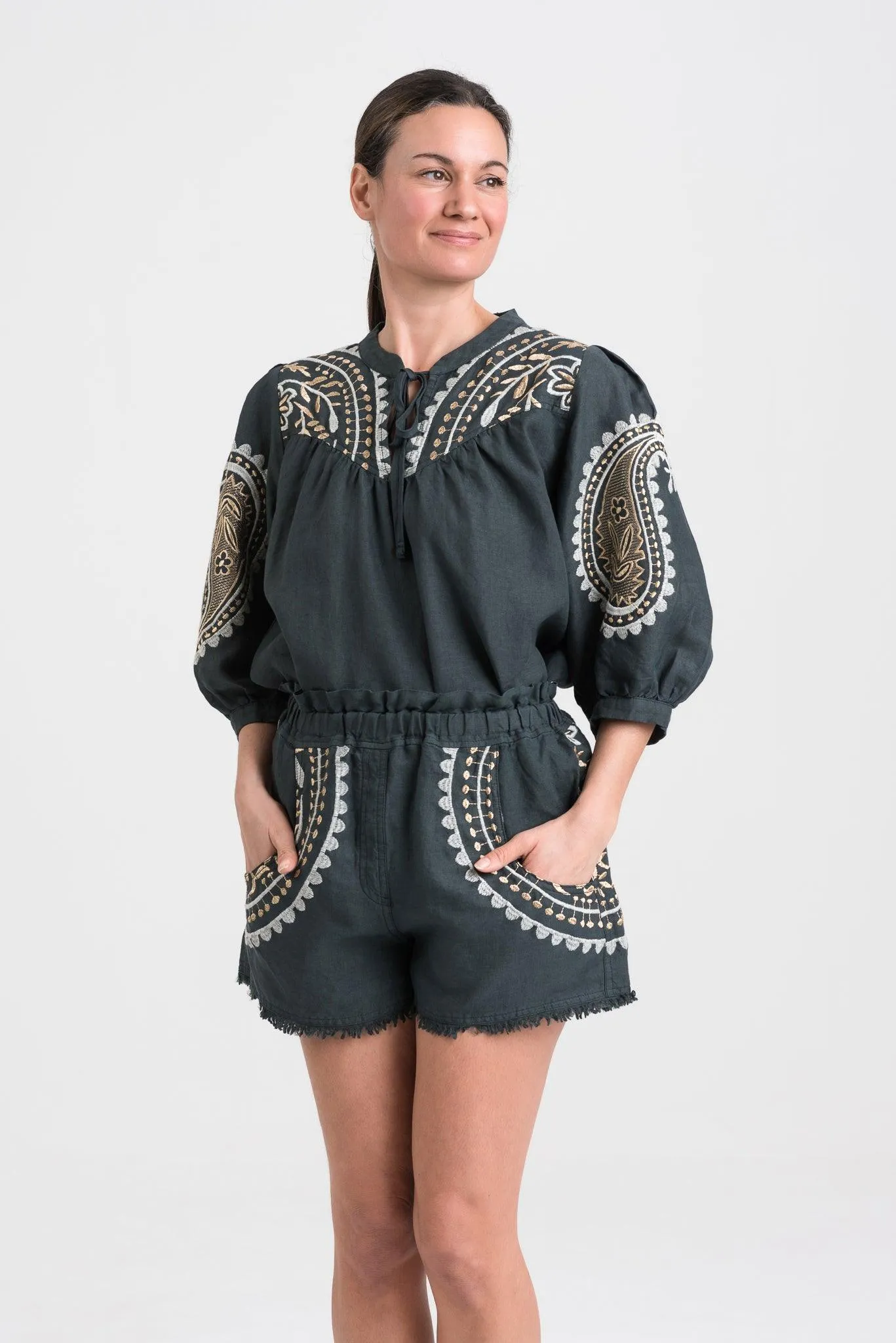 Kori Embroidered Linen Blouse | Charcoal & Gold