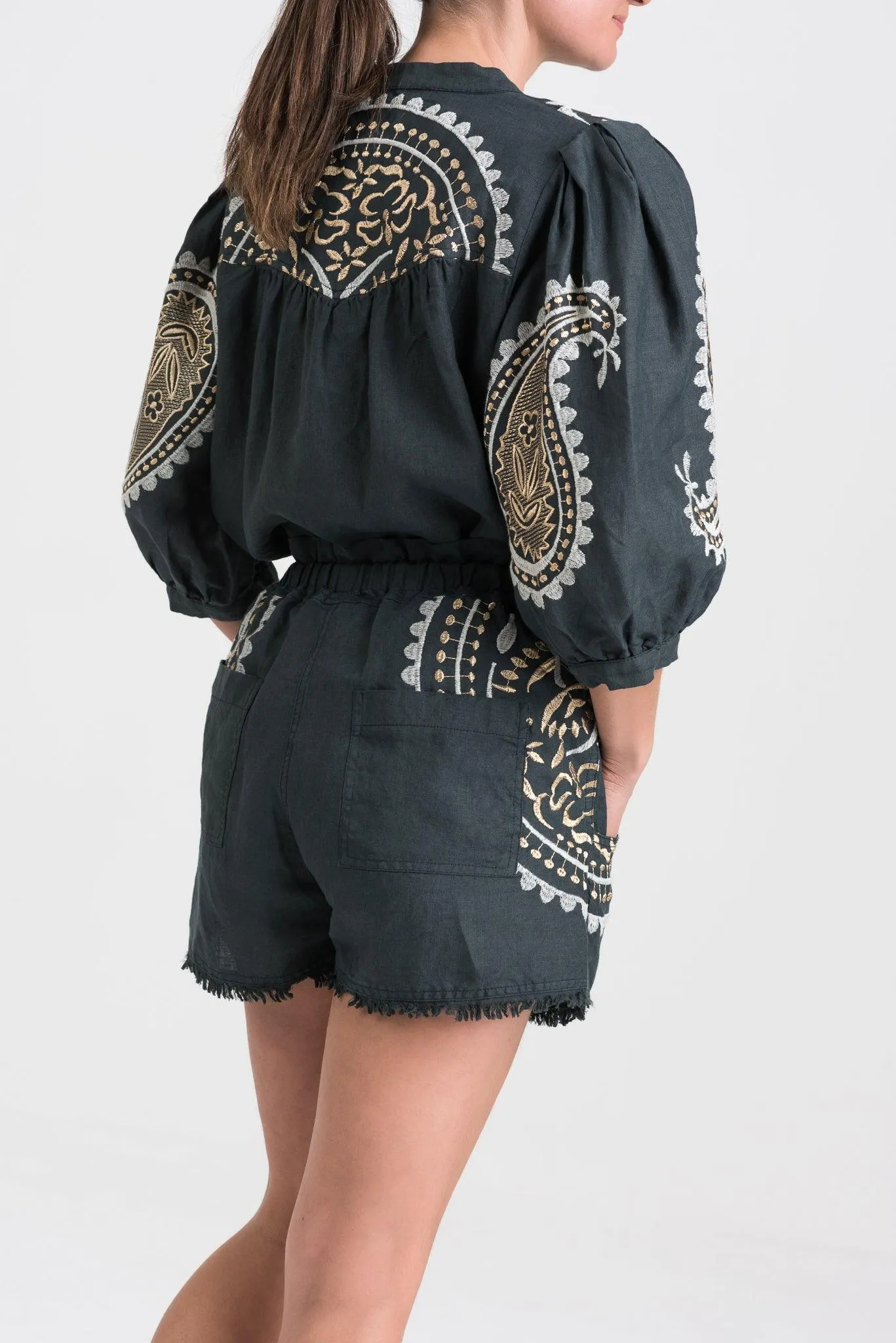 Kori Embroidered Linen Blouse | Charcoal & Gold